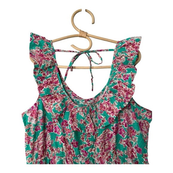 J. Crew ** Pink Green Swiss Dot Printed Ruffle Collar Midi Dress with Tie Back - Picture 5 of 14